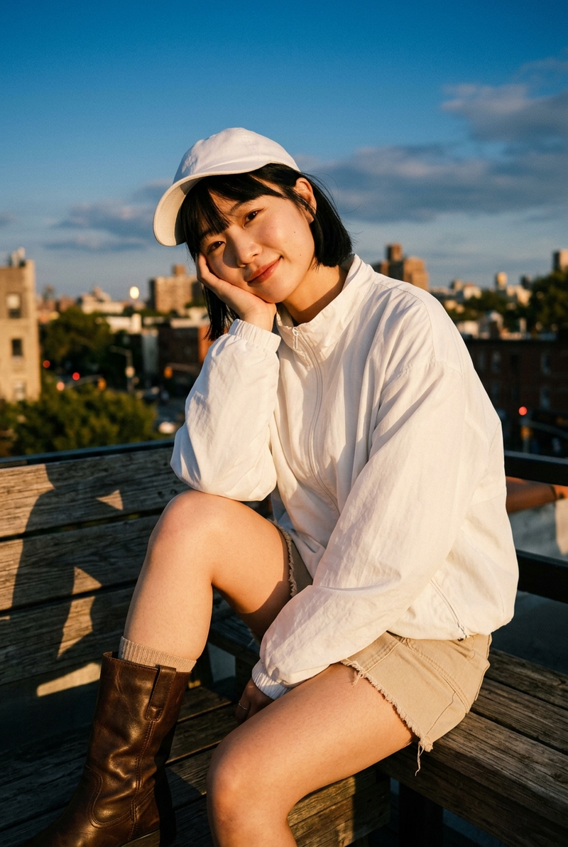 Based on , a young East Asian woman with a short black bob, soft natural makeup,