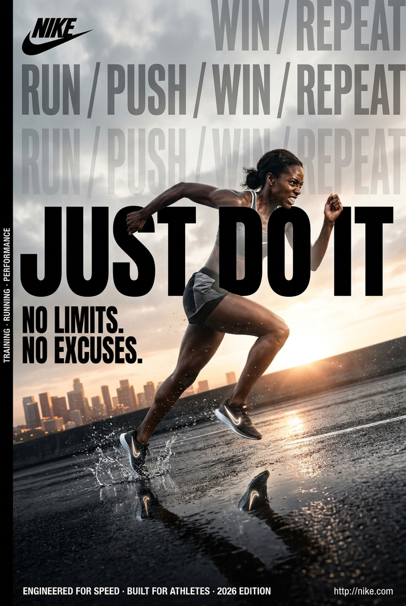Hyper-realistic cinematic brand advertising billboard poster for Nike, focusing 
