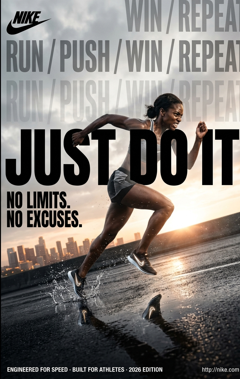Hyper-realistic cinematic brand advertising billboard poster for Nike, focusing 