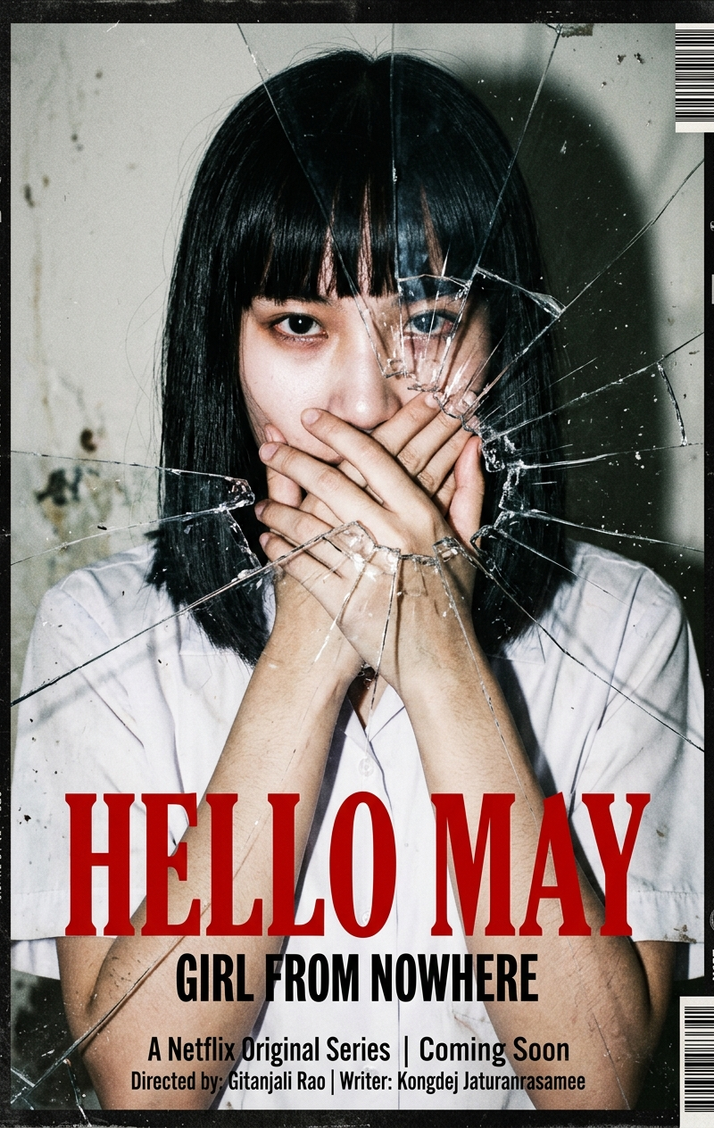 A grunge cinematic poster photograph of a young Asian female with a black straig