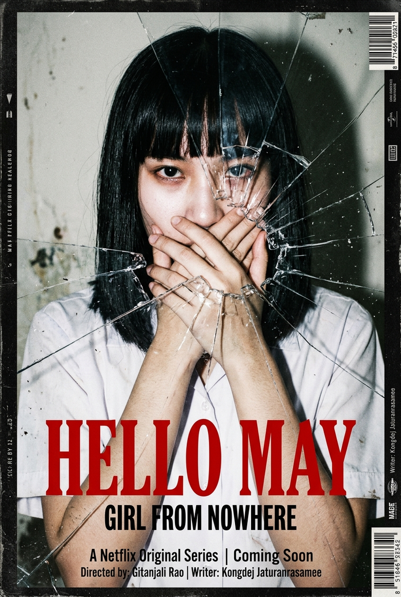 A grunge cinematic poster photograph of a young Asian female with a black straig
