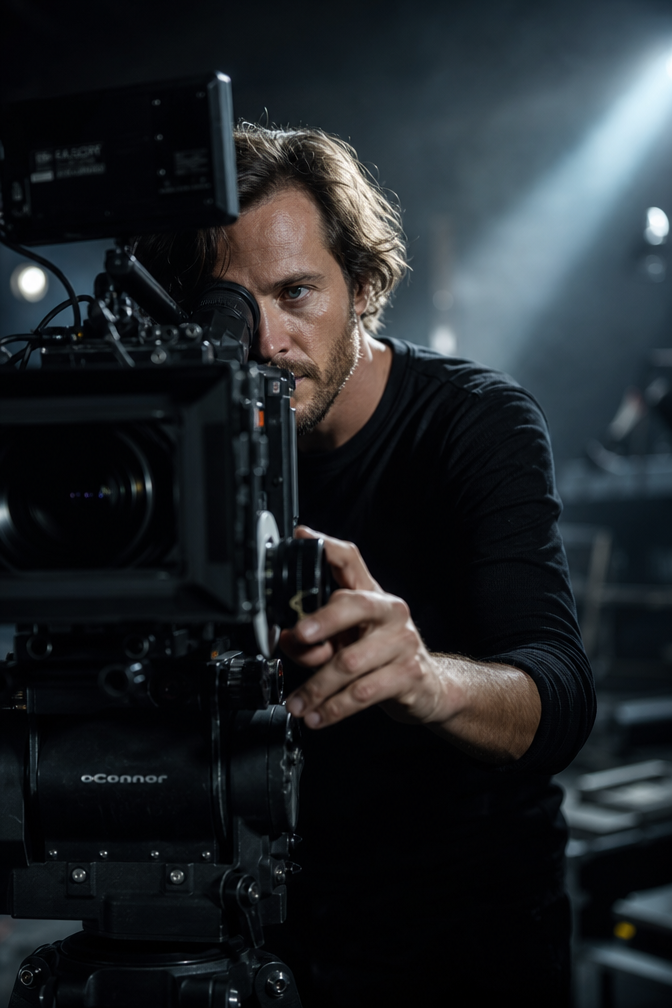 A focused cinematographer operates a professional cinema camera on a tripod, his