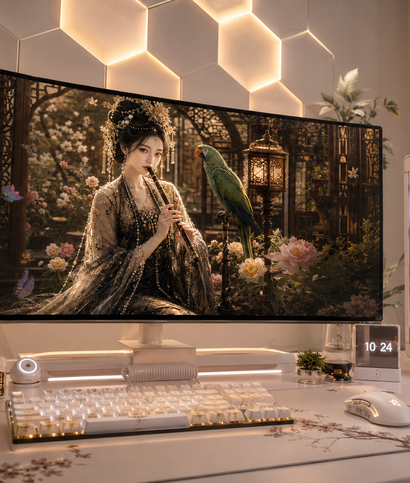 图像生成用提示： 参考附上的角色图片，将该角色显示为巨大曲面超宽屏显示器的壁纸。角色的外貌、颜色、服装、氛围和世界观需忠实反映参考图片，但提示中不指定固定的发色
