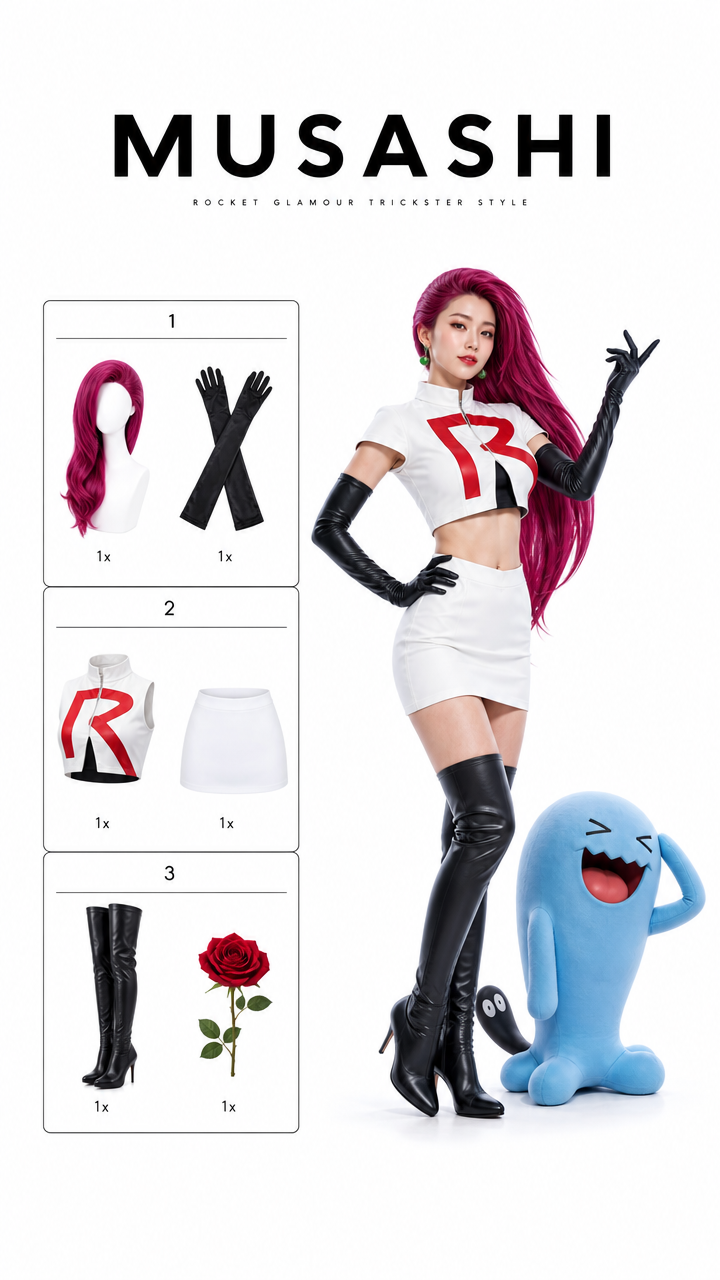 Vertical 9:16, minimalist white cosplay outfit information page, generous white
