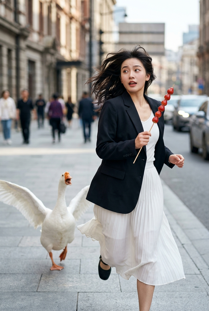 Ultra photorealistic action scene of a young woman (use uploaded image as face r