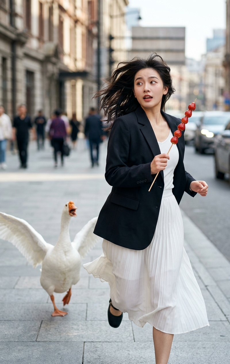 Ultra photorealistic action scene of a young woman (use uploaded image as face r