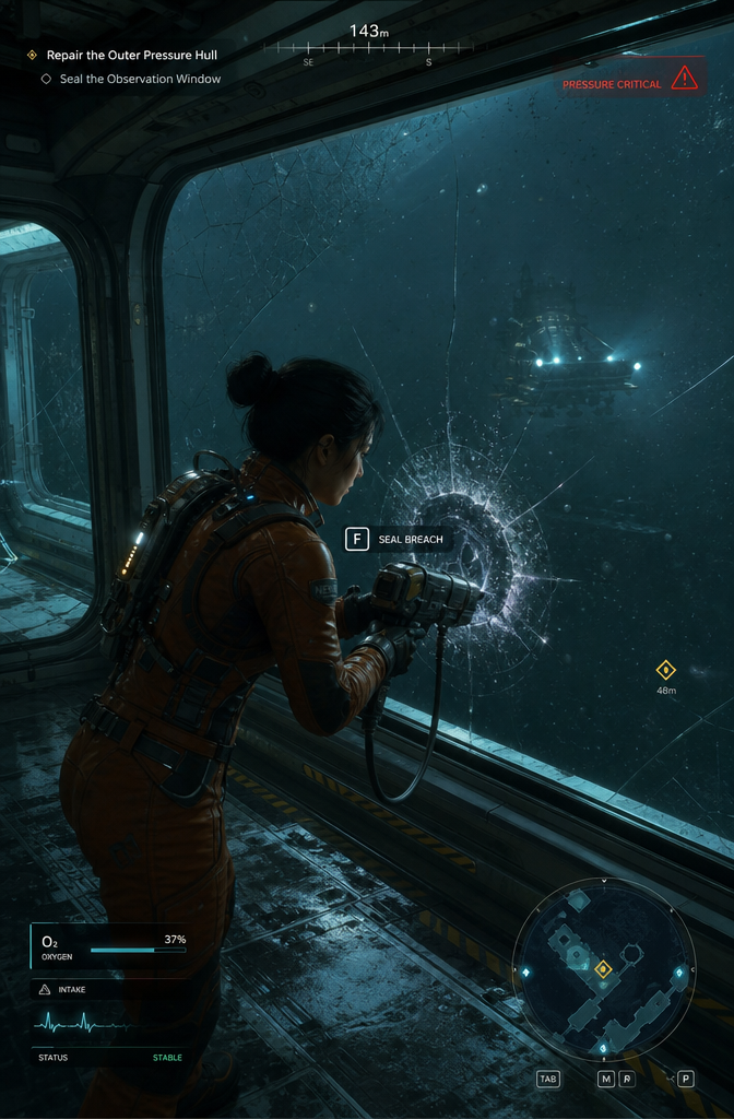 Actual screenshot of a fictional playable sci-fi survival game, third-person cam