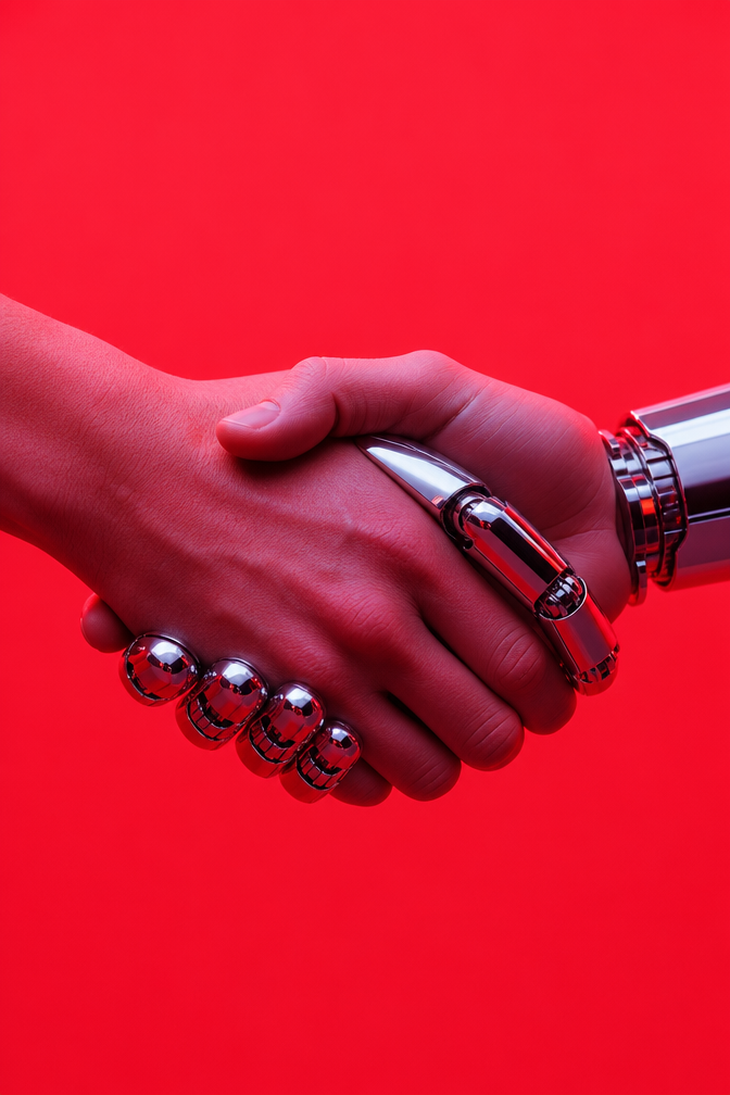 A human hand and a polished chrome robotic hand engage in a firm, symmetrical ha