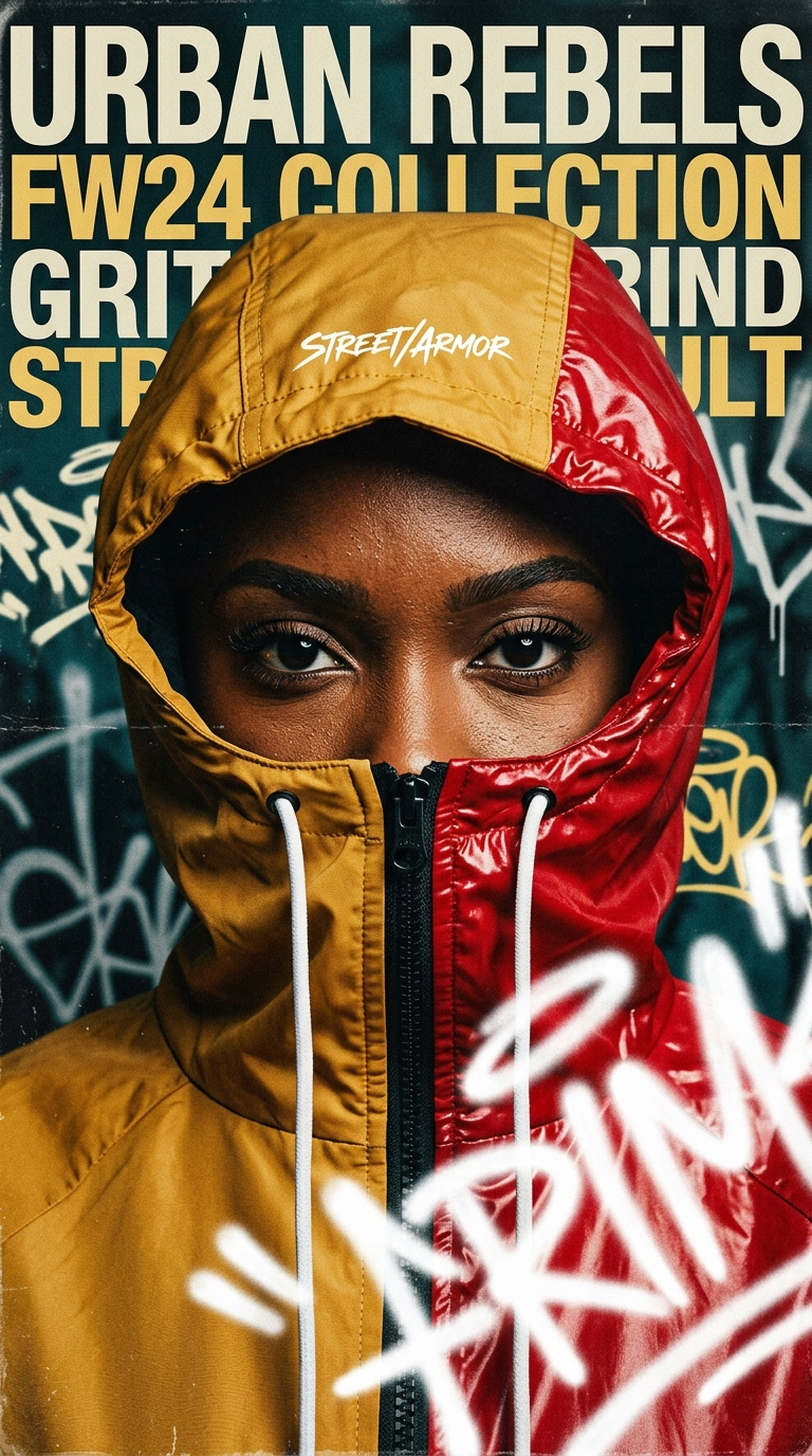 Extreme close-up portrait of a person in a streetwear campaign poster