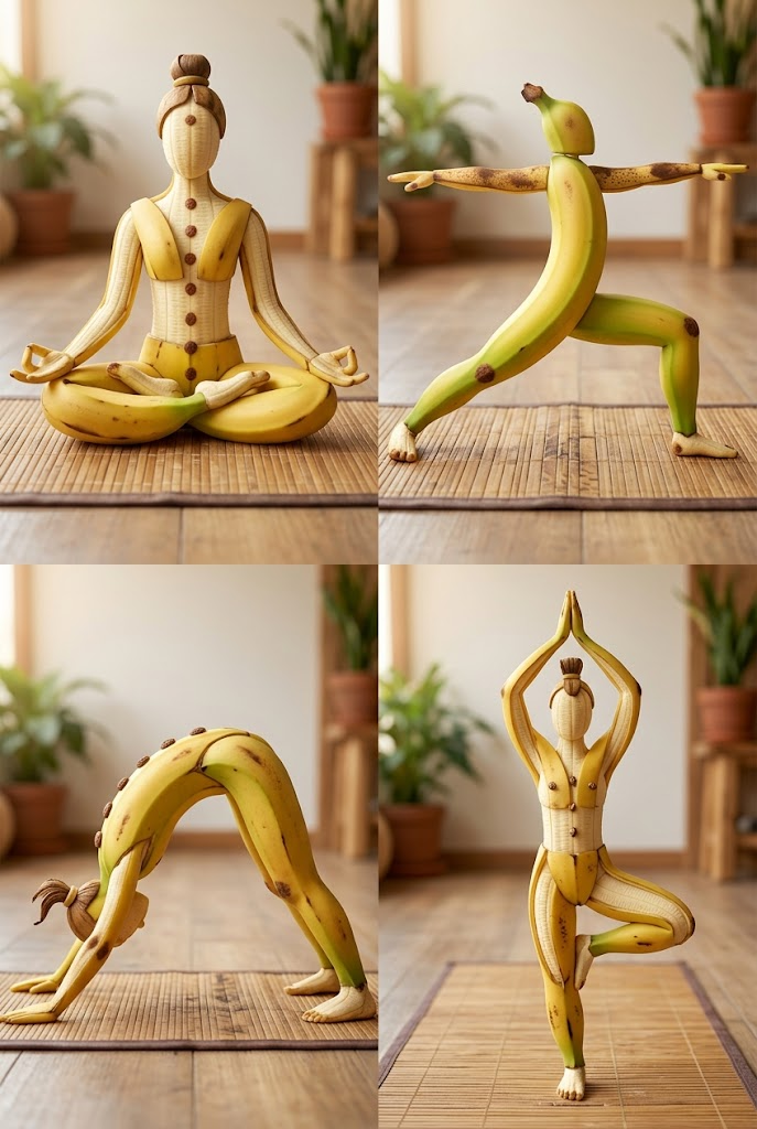 A 2x2 grid of different yoga asanas created from arranged banana peels and fruit