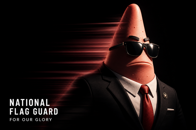 Patrick Star wearing a sharp black suit, white shirt, red tie, and black sunglas