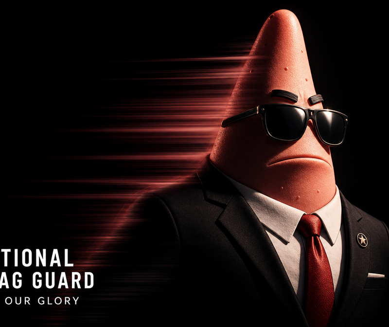 Patrick Star wearing a sharp black suit, white shirt, red tie, and black sunglas