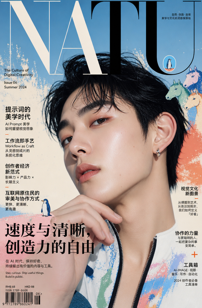 分析 X 个人资料的截图,并制作以【NATU】为标题的高端美容与文化杂志的封面。请从个人资料中自动生成编辑主题、特辑标题、标题和文案。 标题应以占表皮30~50
