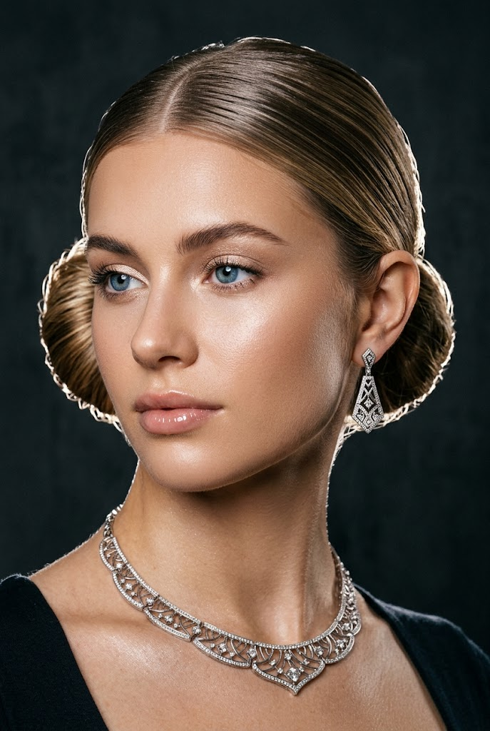 An extreme close-up focusing on a pretty lady's face and neck