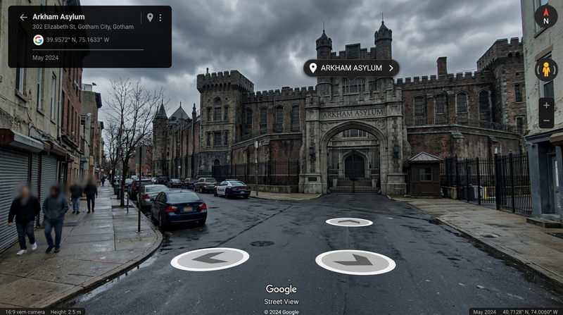 Hyper-realistic Google Street View screenshot of [Arkham Asylum], exact modern G