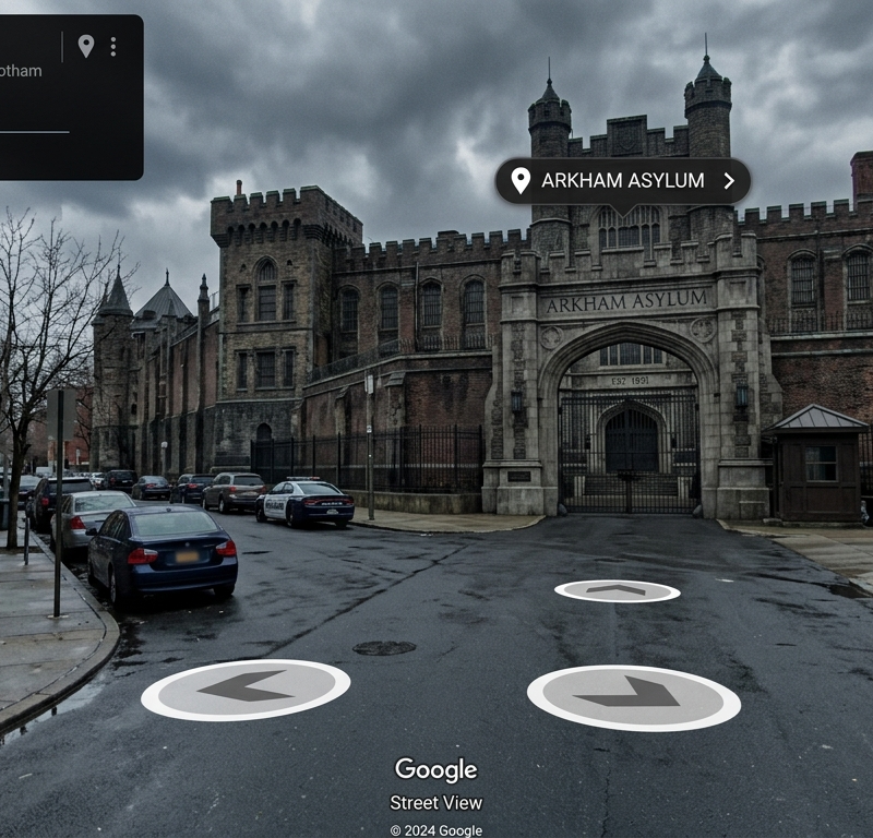 Hyper-realistic Google Street View screenshot of [Arkham Asylum], exact modern G