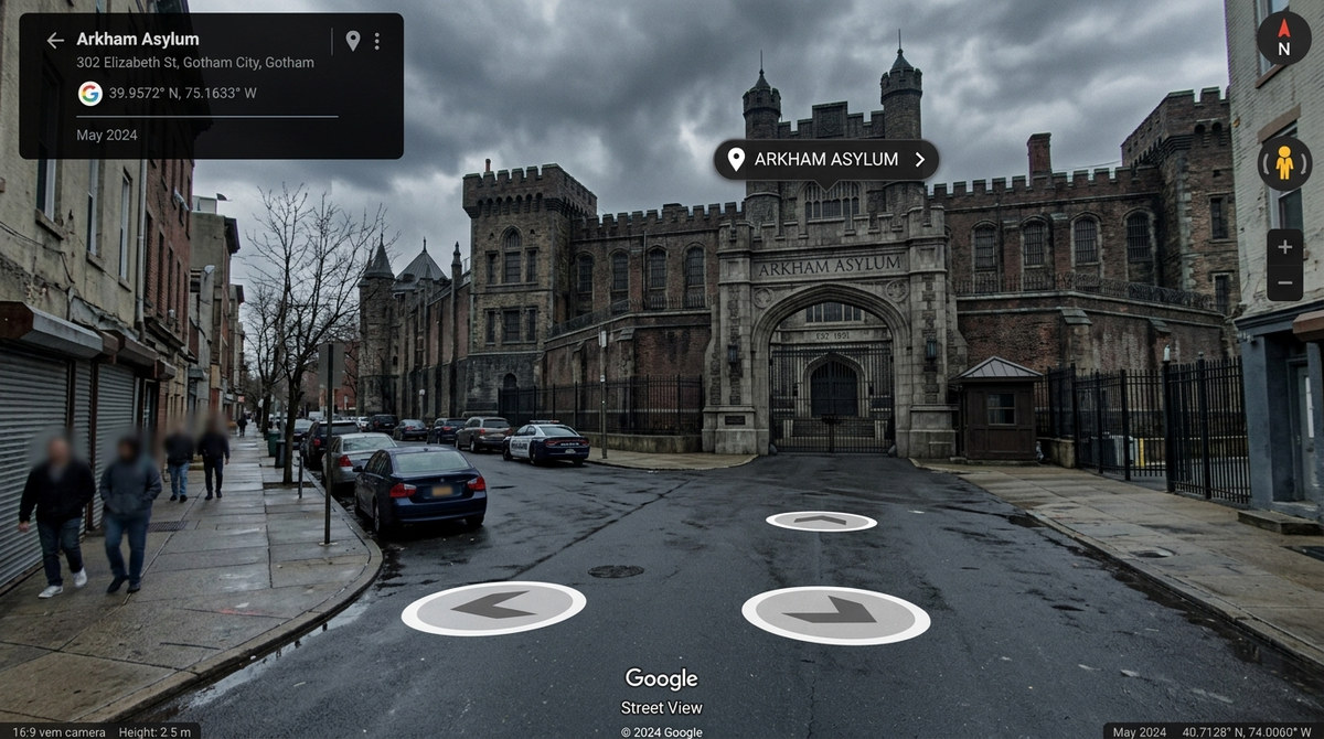 Hyper-realistic Google Street View screenshot of [Arkham Asylum], exact modern G
