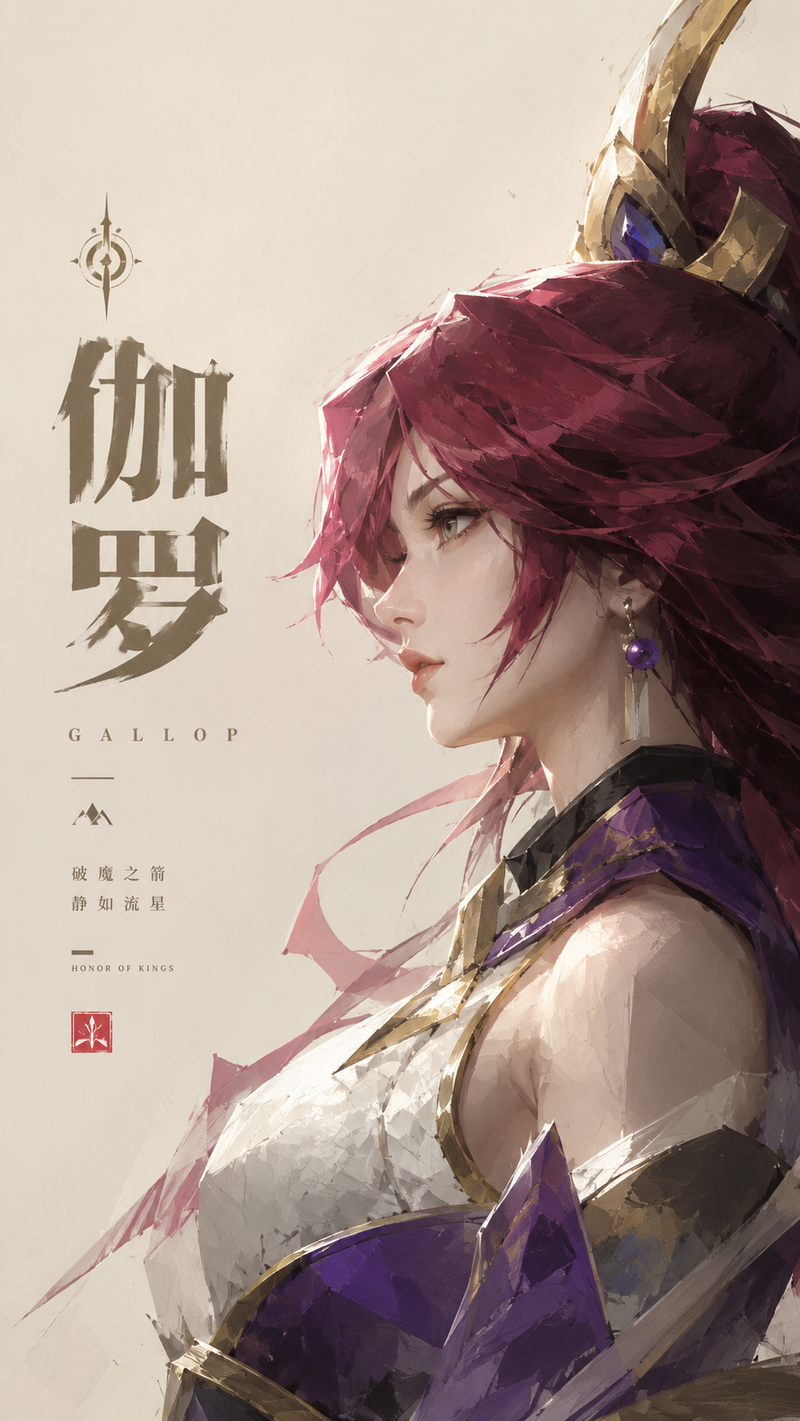伽罗 from Kings of Glory, rendered in an Kubo tite-style thick paint illustration