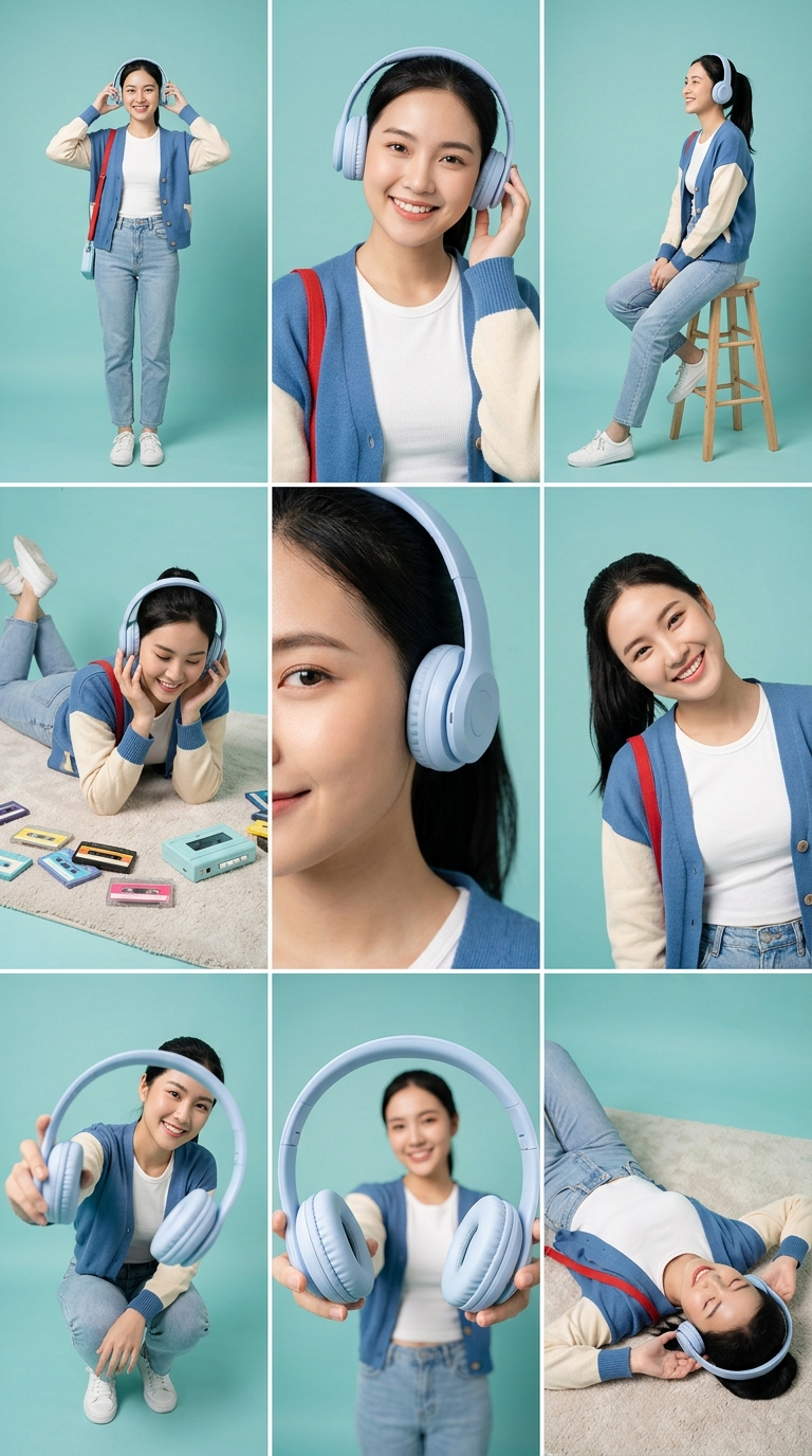 3×3 storyboard grid, nine panels, same subject and outfit, consistent teal studi