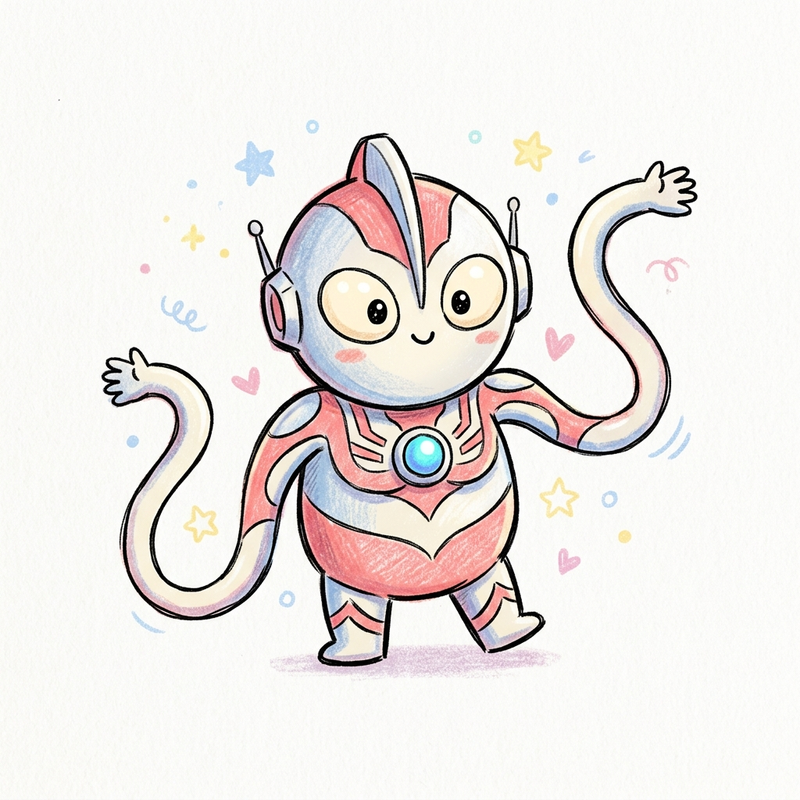 [Ultraman], doodle style cartoon, dotted eyes, long arms, kawaii aesthetics, sem