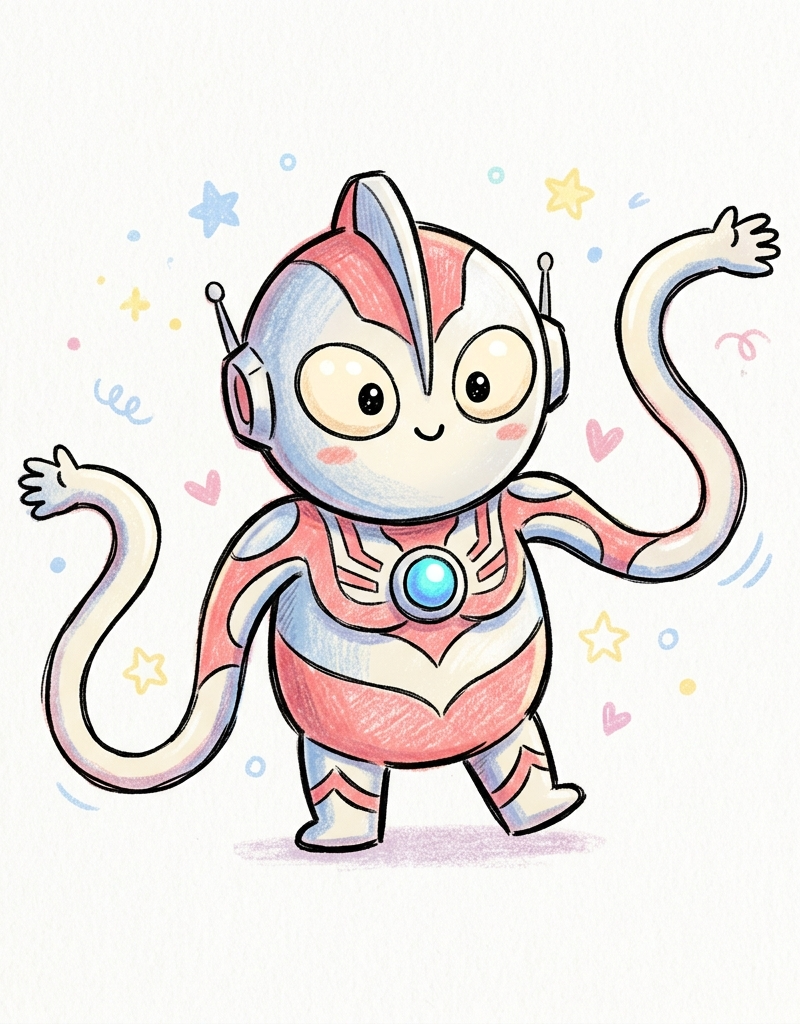 [Ultraman], doodle style cartoon, dotted eyes, long arms, kawaii aesthetics, sem