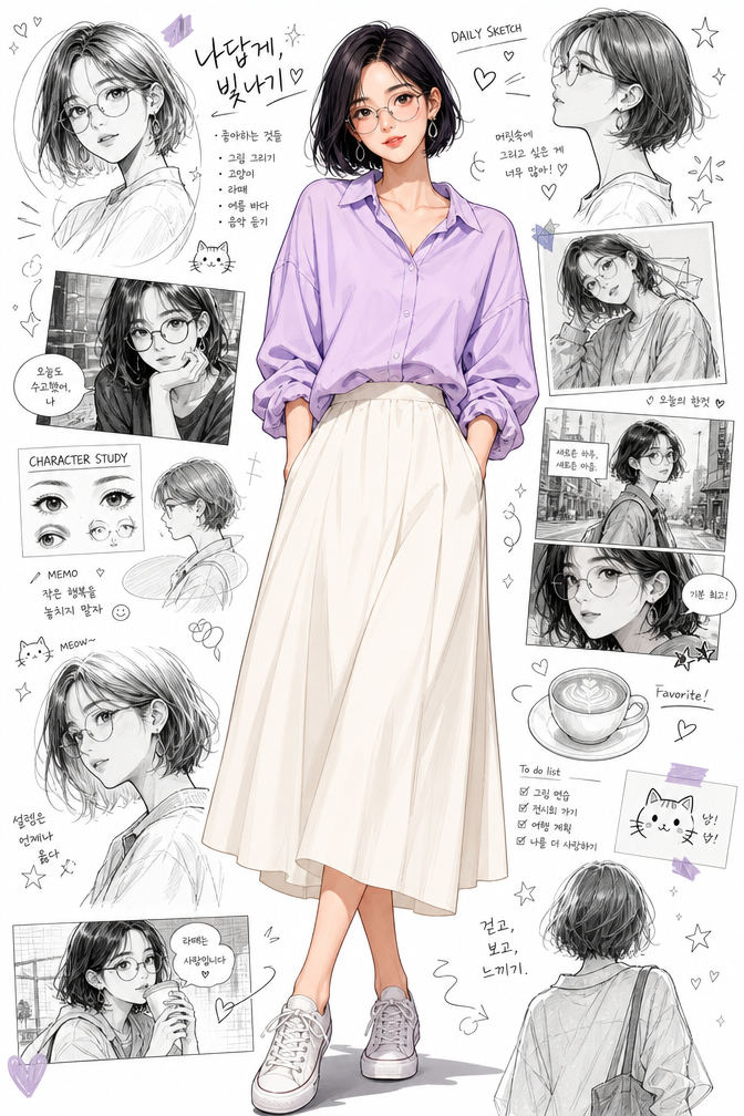 Semi-realistic anime-inspired portrait of a stylish young Korean woman with a sh