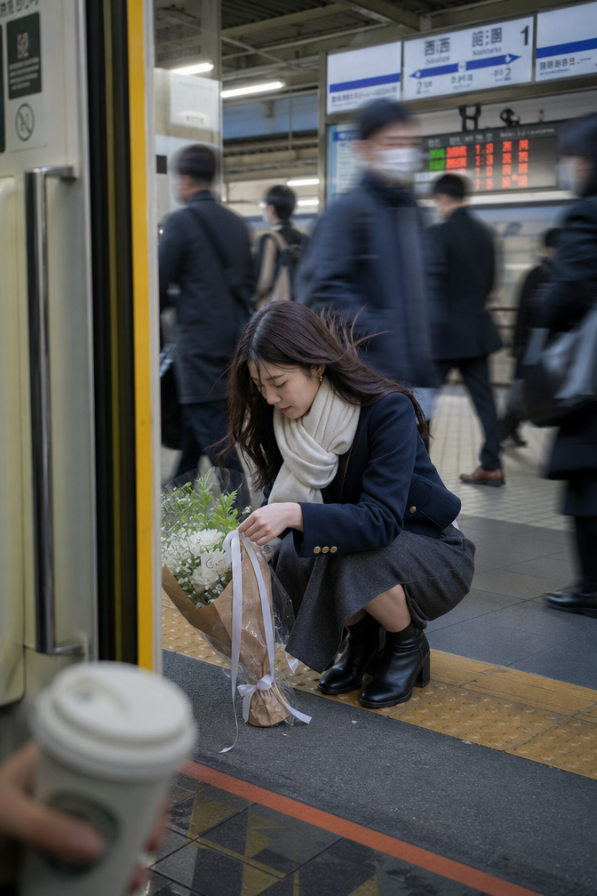 A 25-year-old woman on a busy morning train platform, refined Korean-Japanese st