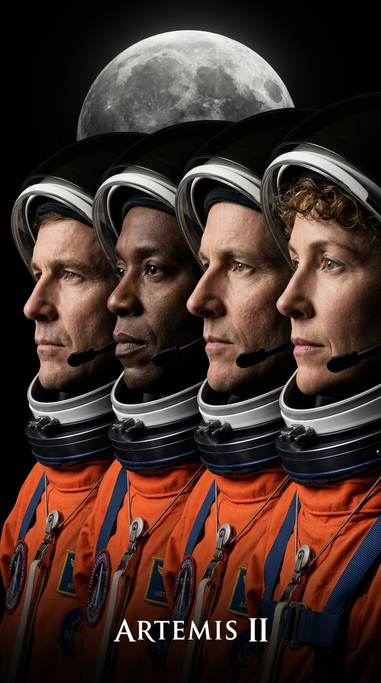 { "subject": { "description": "Four astronauts aligned in strict overlapping pro