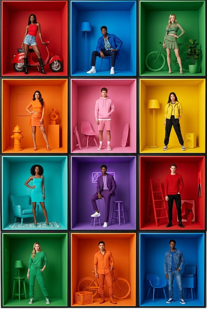 A high-end editorial fashion collage composed of multiple 3D box-like room compa