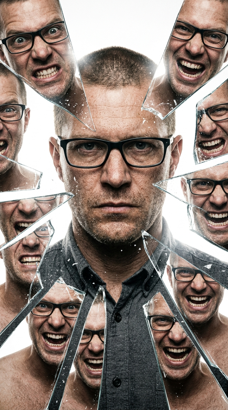 { "subject": { "description": "Caucasian male viewed through shattered glass, ce