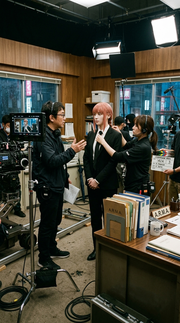 behind the scenes photo from a live-action Chainsaw Man movie, Makima standing o