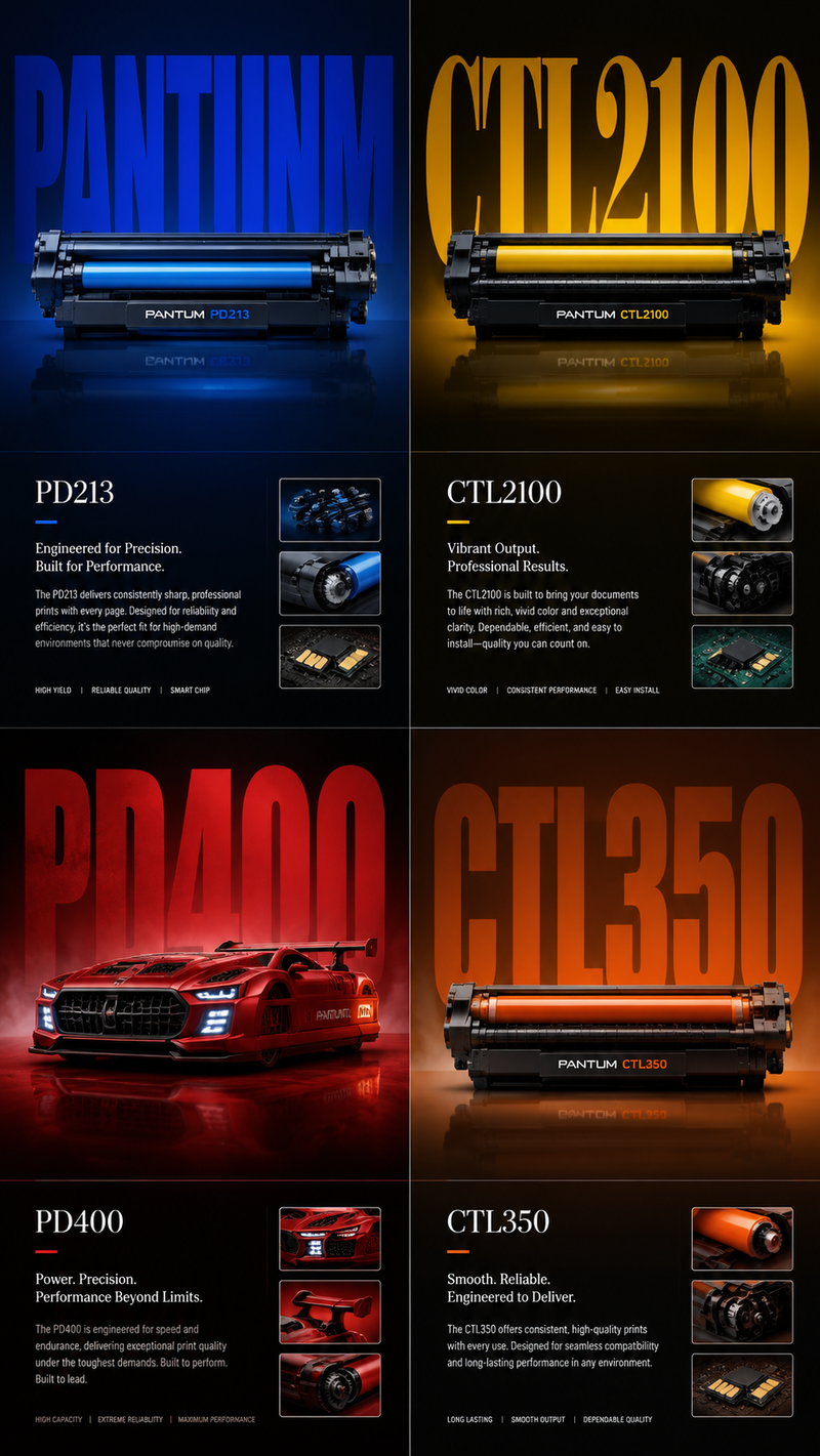 A high-quality editorial toner cartridge poster split into a 2x2 grid layout, ea