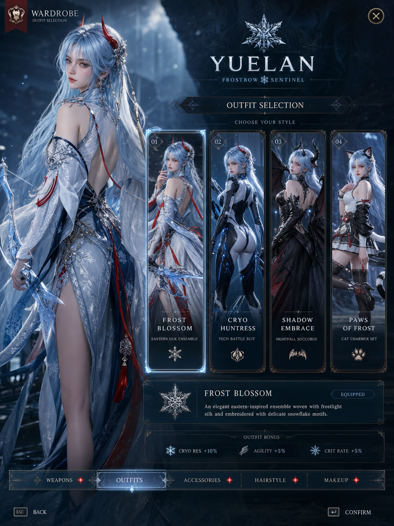 Create a AAA-quality Unreal Engine 5 outfit selection screen for 【ganyu from gen