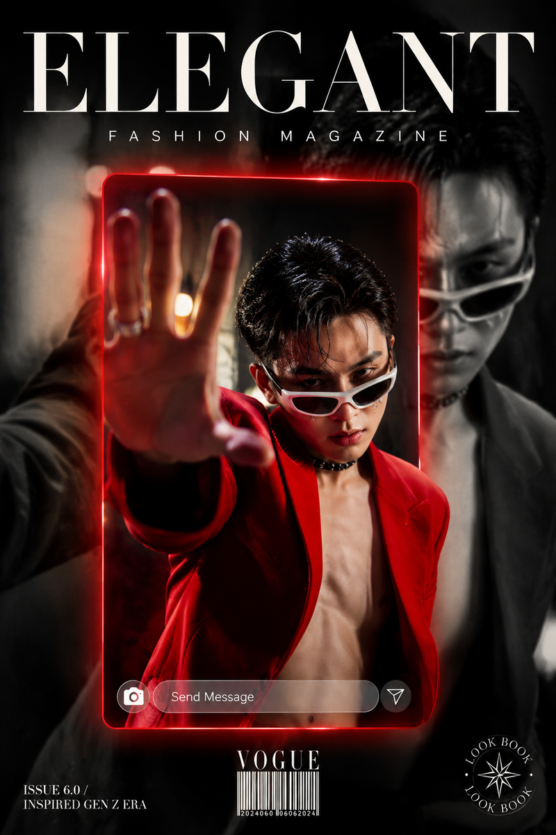 Create a high-fashion editorial magazine cover in portrait orientation (9:16 rat