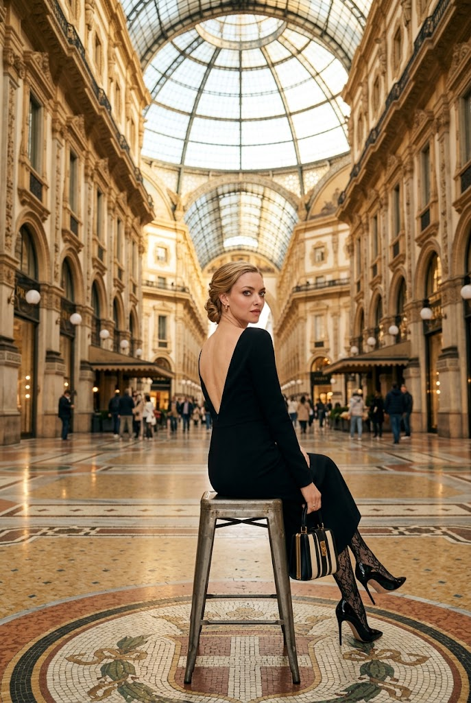 A captivating low-angle photograph of a poised woman Amanda Seyfried seated upon