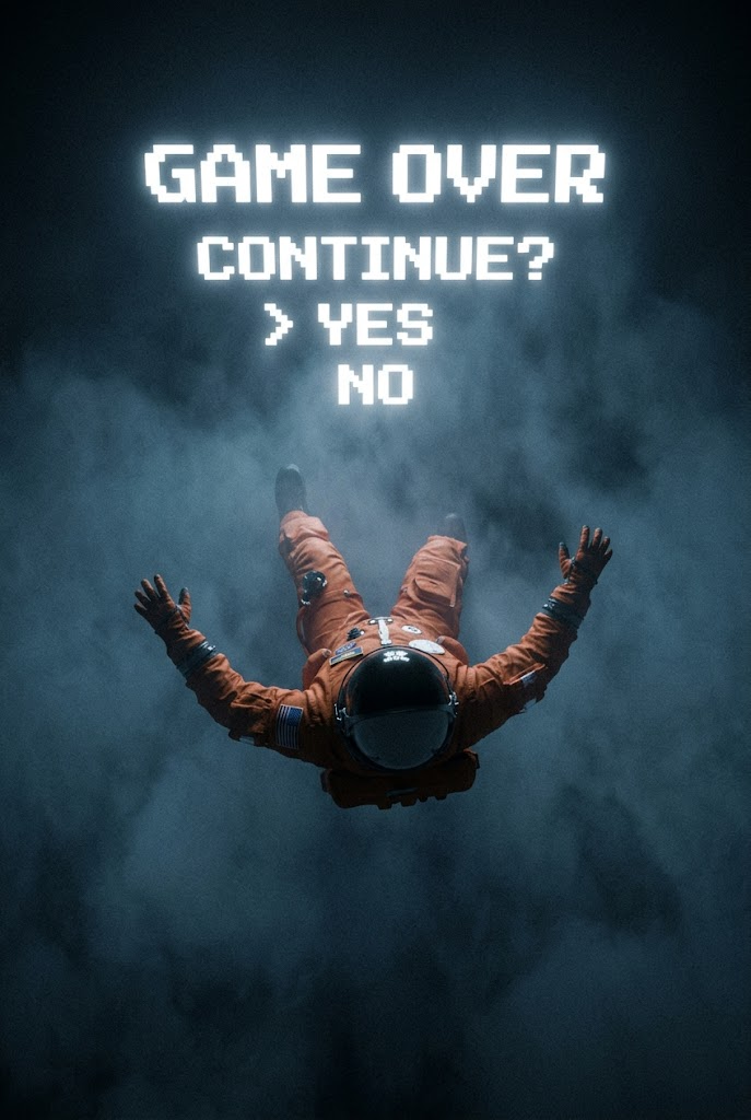A cinematic, high-angle shot looking down at an astronaut falling backward into 