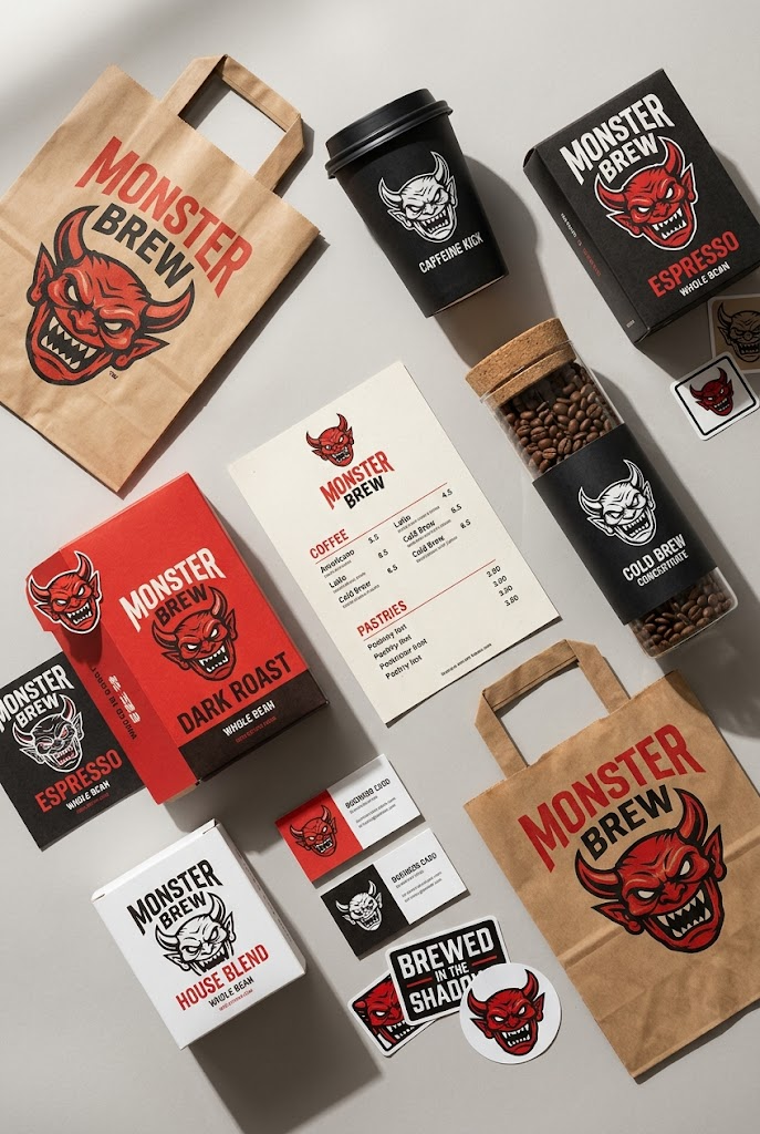 A clean studio flat lay showcasing a complete branded coffee packaging system ar