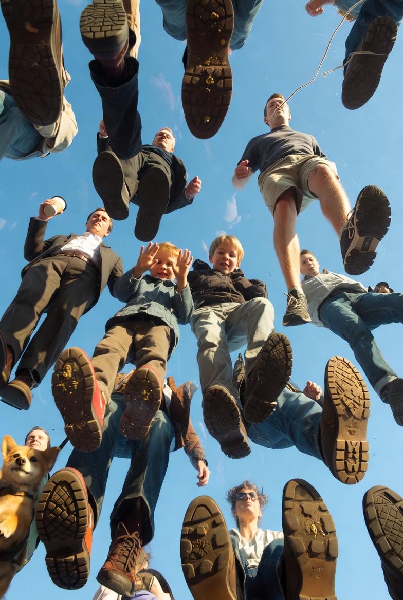 View from underneath an invisible plexiglass floor, looking straight up into a p