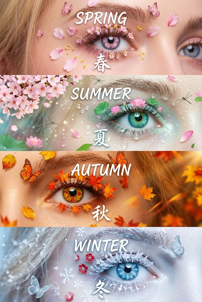 以眼部特写图片为基础，生成3:4的四屏构图超写实眼部特写，四屏按春夏秋冬上下排序。 第一屏：眼眸中带着绽粉樱色的美瞳，睫毛缀满迷你春花，脸颊散落樱瓣与黄蕊小花，