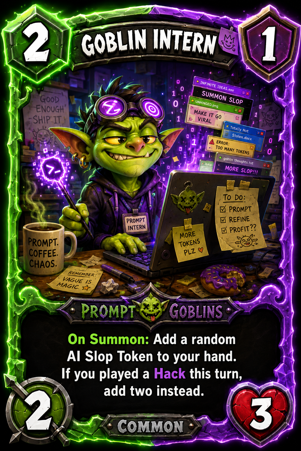 Prompt Goblin Intern card, Prompt Goblins faction, Unit, Common, cost 2, top rig
