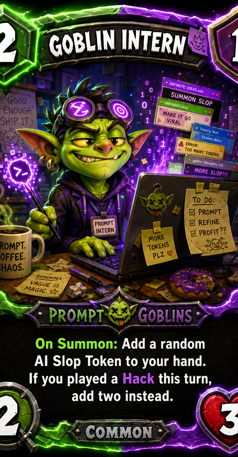 Prompt Goblin Intern card, Prompt Goblins faction, Unit, Common, cost 2, top rig