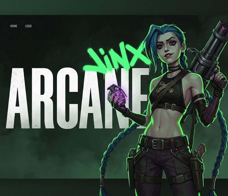 A dark mode web UI design mockup featuring a stylized, slender female character 
