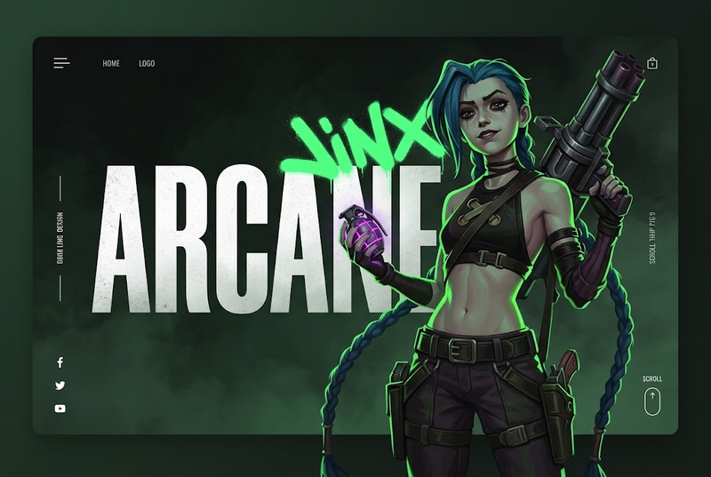 A dark mode web UI design mockup featuring a stylized, slender female character