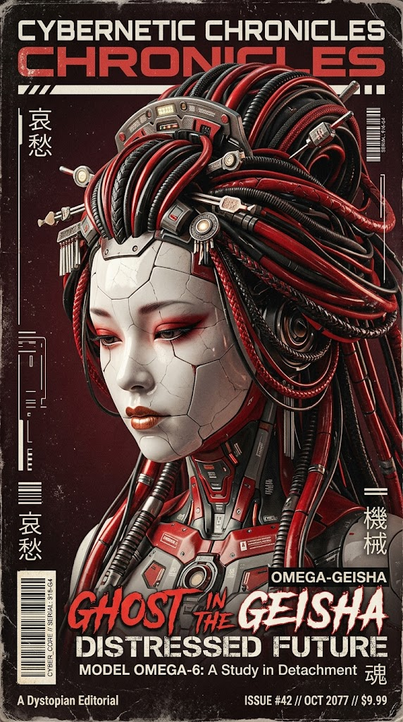 A distressed vintage magazine cover featuring a close-up portrait of a cyberneti