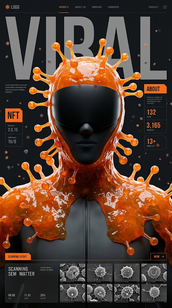 High-end 3D render of a futuristic humanoid bust stylized as a biological virus,