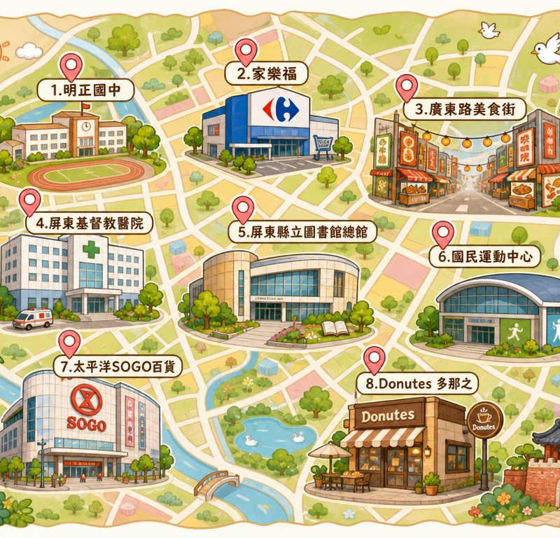 生成圖片: 請查詢台灣-屏東市的地圖 幫我製作出精美Q版的旅遊地圖， 地圖地標只需要用出我指定的文字內容就好，其餘文字都不用。 不要有google地圖感 地標: