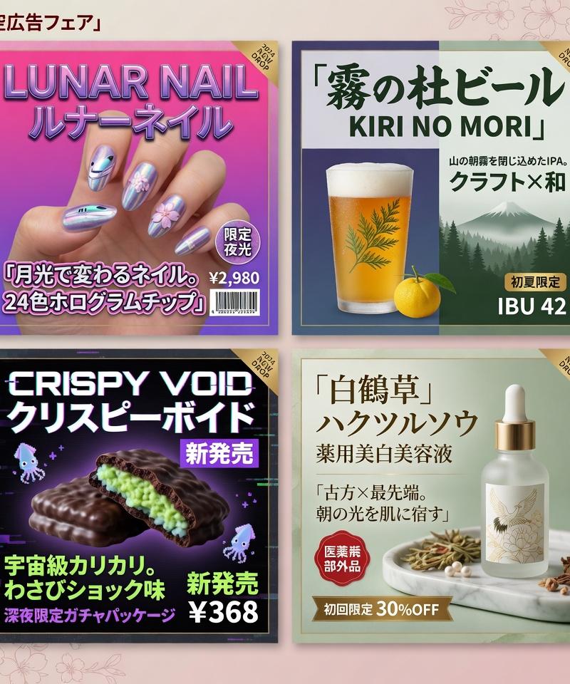 日本語の架空の広告画像を、様々なジャンルで4種類並べて画像生成して。プロデザイナーが作ったトレンドのデザインで。アスペクト比は1:1