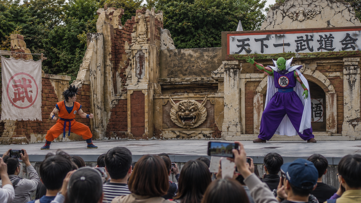 A wide-angle documentary photo of an outdoor live stage performance, two Dragon