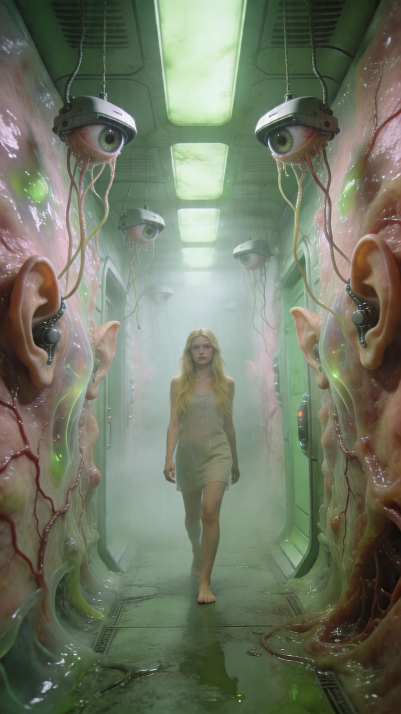 A dystopian cyber-organic corridor inspired by 1984, year 2084, soft pastel ligh