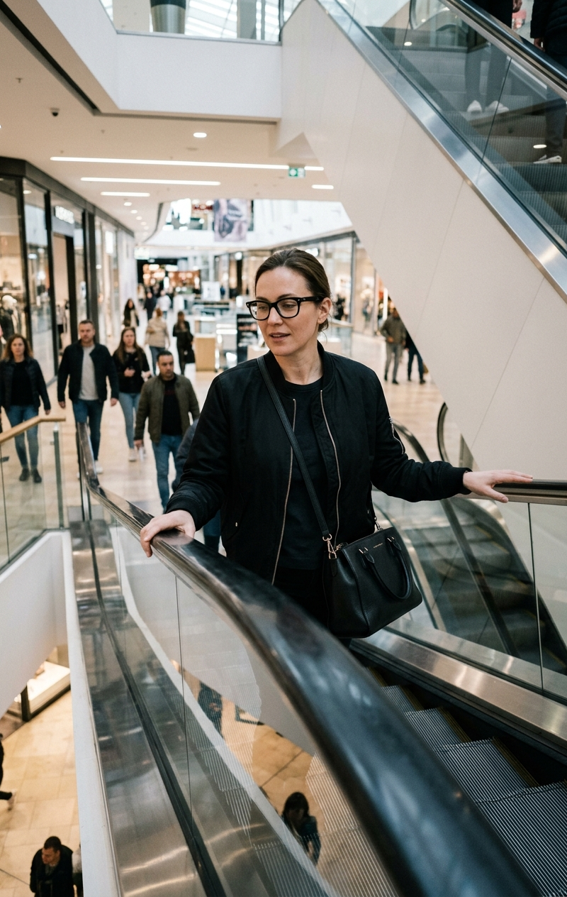 Photorealistic iPhone candid of a woman on an escalator, using the exact face an